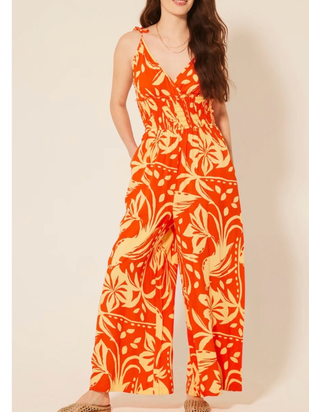 Patrons of Peace Orange & Cream Floral Print Wide-Leg Jumpsuit